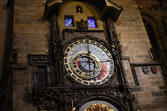 Elaborately crafted Clock at Prague city square